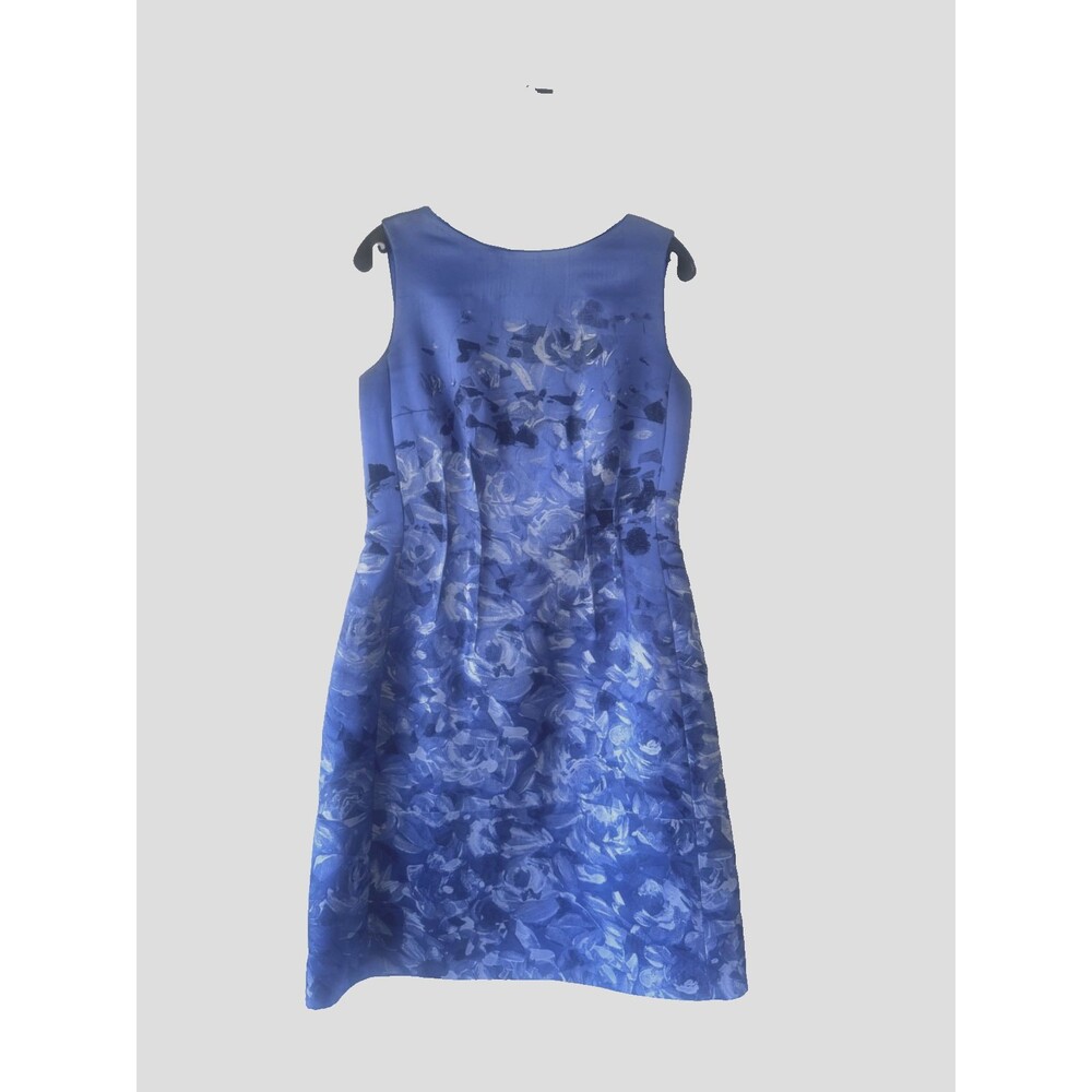 Lafayette 148 Blue Floral A-Line Knee Length Dress Sleeveless Bateau Neck
